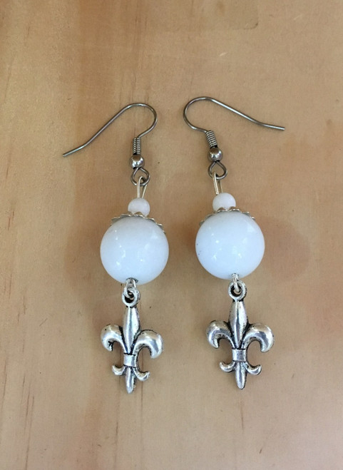 White and Silver Fleur De Lis Earrings