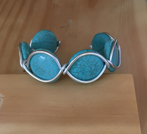 Turquoise color Magnesite Gemstone Wire Wrapped Cuff Bracelet
