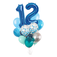 Mix of blue balloon bouquet with number foils