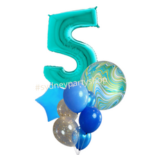 Marble blue balloon bouquet with number