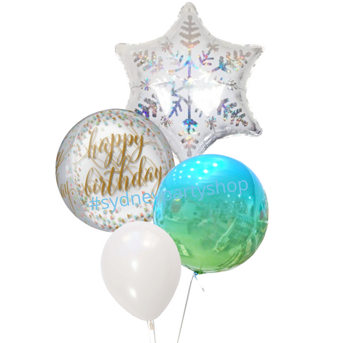 Snowflakes and orbz birthday balloon bouquet