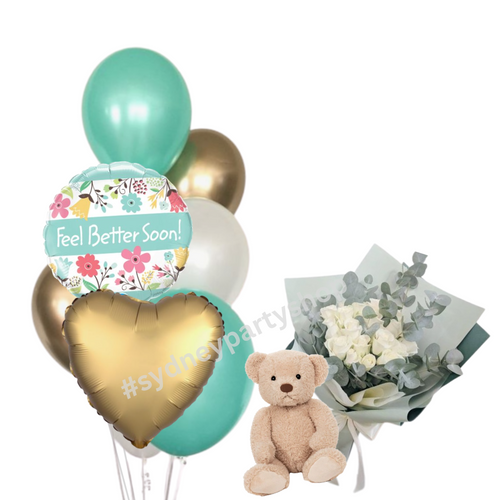 Feel Better Soon Balloon Bouquet with Teddy and Flowers 