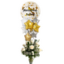 Silver and Gold Message balloon bouquet with flowers in vase