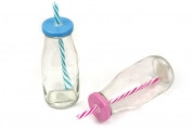 Milk Bottle with stripe straw in Pink