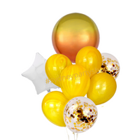 Orbz and yellow marble balloon bouquet