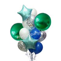 Boutique green and blue balloon bouquet 