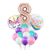 Unicorn rainbow balloon bouquet with number