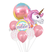 Unicorn themed birthday balloon bouquet