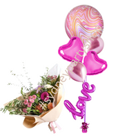 Fresh flowers and Love Marble Pink balloon bouquet 