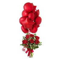 Fresh flowers and All Red Foil balloon bouquet 