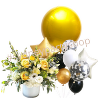 Fresh flowers in vase and Yellow balloon bouquet 