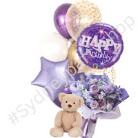 Lavender Fresh flower and balloon bouquet with Teddy