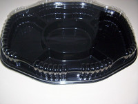 Oblong Black 5 compartment party platter measuring 18”(45cm) x 13”(33cm) with tray height 2”(5cm) and lid 2”(5cm).