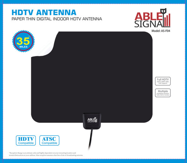 Able Signal INDOOR PAPER THIN FLAT HDTV TV ANTENNA 35 MILES VHF UHF