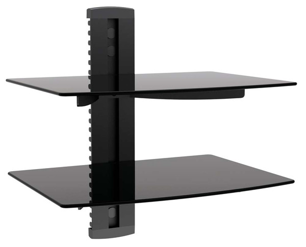 2 TIER DUAL GALSS SHELF WALL MOUNT UNDER TV CABLE BOX COMPONENT DVR DVD BRACKET (DVD-212)