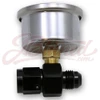 e85Freaks black -6AN male to female inline adapter fitting with 1/8 NPT gauge and pressure sensor port.