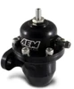 AEM 25-300BK Honda Acura rail-mounted adjustable fuel pressure regulator in black showing the fuel rail mounting base and return outlet configuration.
