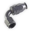 Angled view of e85Freaks 350 Series 90° PTFE swivel AN hose end showing the female AN 37° flare connection.