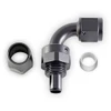 Disassembled view of e85Freaks 350 Series 90° PTFE swivel AN hose end showing the individual fitting components.