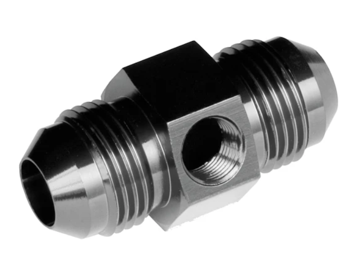 e85Freaks black -6AN male to male adapter fitting with 1/8 NPT gauge and pressure sensor port.