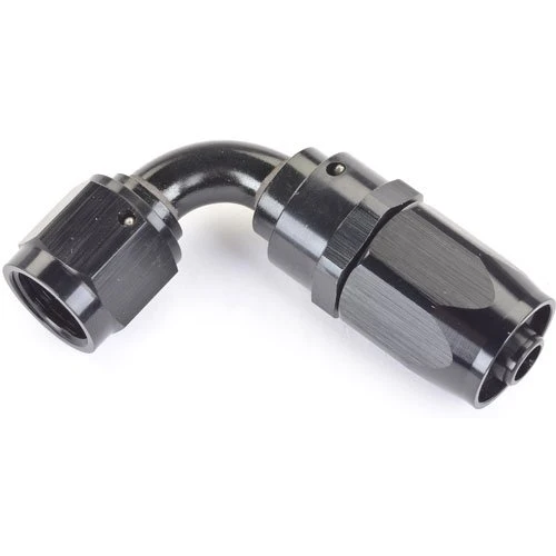 Side view of e85Freaks 250 Series 90° swivel AN hose end in black.