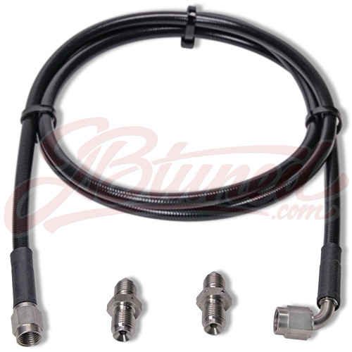 JBtuned Nissan 240SX S13/S14 full clutch line showing black PTFE hydraulic hose and stainless-steel master and slave connection fittings.