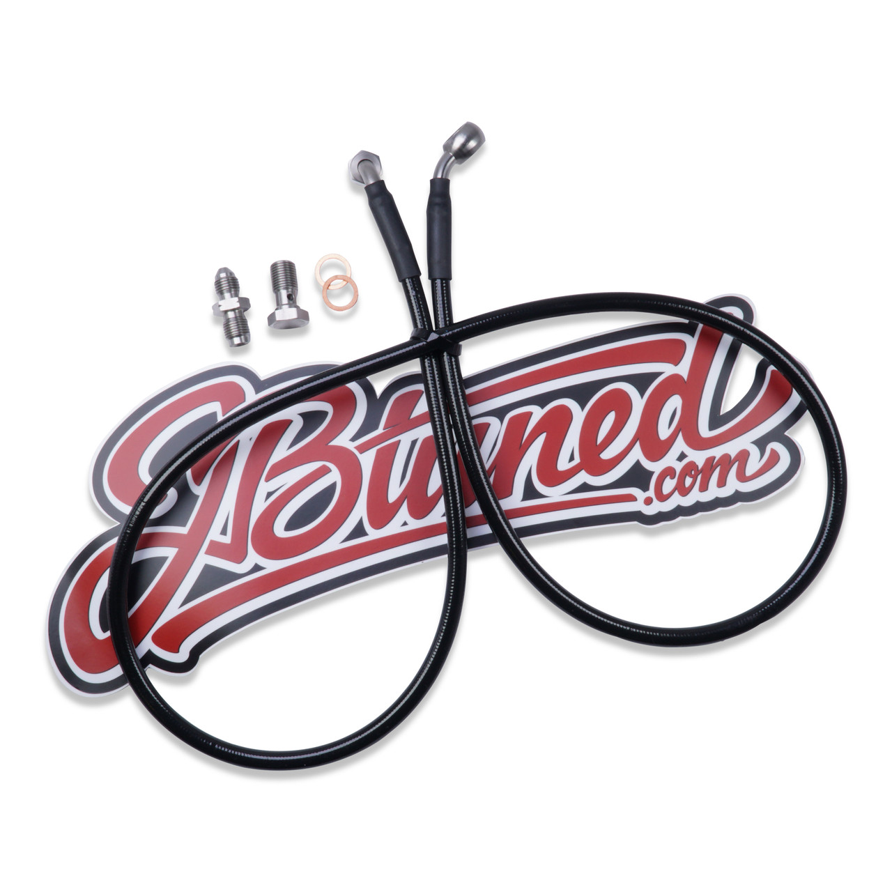 JBtuned EG/EK Civic and DC Integra K-swap clutch line kit showing black PTFE hydraulic lines with stainless-steel fittings, slave adapter, banjo hardware and copper sealing washers.