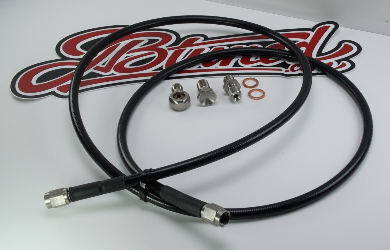 JBtuned EG/EK Civic and DC Integra H2B swap full clutch line showing black PTFE hydraulic hose, stainless-steel fittings, banjo hardware, slave-cylinder adapter and copper sealing washers.