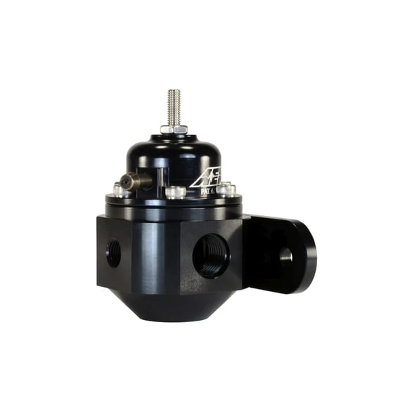 Right side view AEM 25-302BK regulator showing the fuel return outlet and 1/8 NPT gauge or pressure-sensor port.