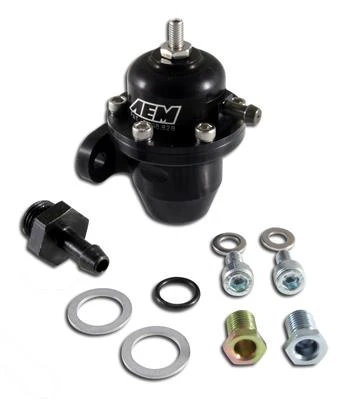 AEM 25-300BK Honda/Acura rail-mounted adjustable fuel pressure regulator in black showing the billet regulator body, adjustment assembly and fuel-rail mounting base.