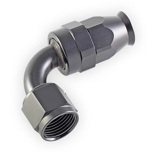 Angled view of e85Freaks 350 Series 90° PTFE swivel AN hose end showing the female AN 37° flare connection.