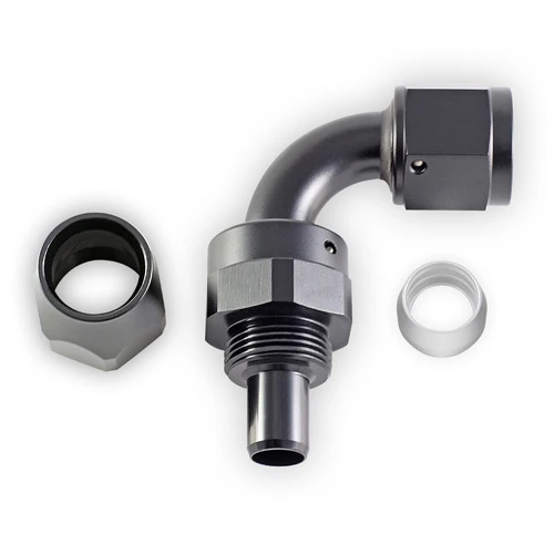 Disassembled view of e85Freaks 350 Series 90° PTFE swivel AN hose end showing the individual fitting components.