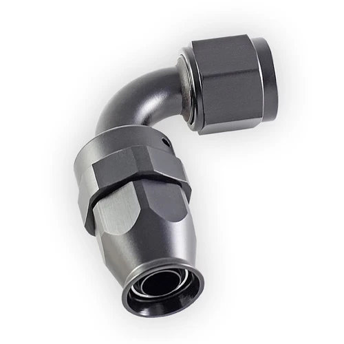 Front view of e85Freaks 350 Series 90° PTFE swivel AN hose end showing the PTFE hose insertion end.