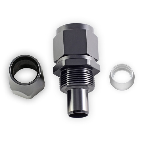 Disassembled view of e85Freaks 350 Series straight PTFE swivel AN hose end showing the fitting body, collar, and internal PTFE hose-end components.