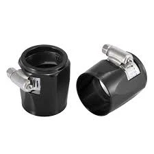Pair of e85Freaks AN-style hex hose finisher clamps in black showing the aluminum outer bodies and integrated hose clamps.