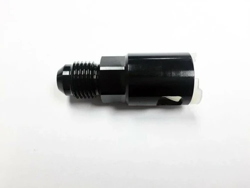 e85Freaks black 3/8-inch fuel quick-connect to -8AN adapter fitting for universal automotive fuel plumbing.