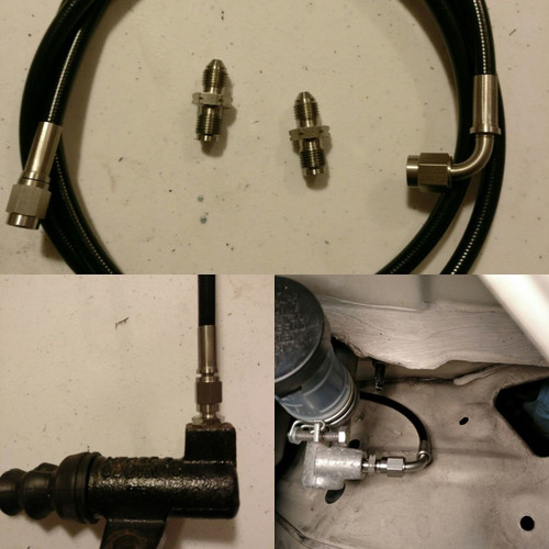JBtuned Nissan 240SX full clutch line installation showing the stainless-steel master-cylinder connection, slave-cylinder connection, and smooth-radius 90° hose-end routing.