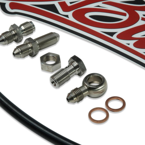 Close-up of JBtuned K-swap hydro clutch line stainless-steel fittings, firewall bulkhead hardware, banjo connection and copper sealing washers.