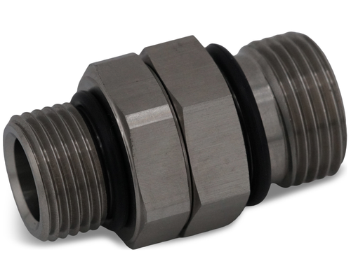 Close-up of JBtuned adjustable stainless-steel ORB-to-ORB adapter showing the dual O-ring boss connections and center locking nut.