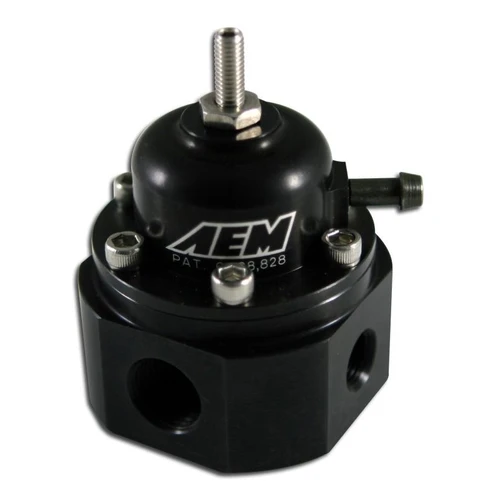 Front three-quarter view of AEM 25-302BK universal adjustable fuel pressure regulator in black showing the billet regulator body, fuel ports, adjustment screw and vacuum/boost reference fitting.