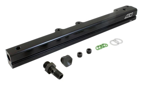 AEM 25-109BK D16Y7/D16Y8 high-volume fuel rail in black with supplied fuel-line fitting, port plugs, injector O-rings and installation hardware.