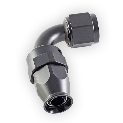 Front view of e85Freaks 350 Series 90° PTFE swivel AN hose end showing the PTFE hose insertion end.