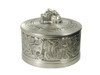 Round pewter box with West Coast First Nations' woman and bear design and pewter lid ornament.