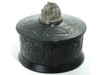 Round black marble box with West Coast First Nations' design and pewter lid ornament.