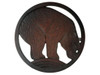 Red-brown bear in a circular frame.