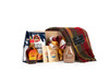 Gourmet gift box featuring all you need for a cozy breakfast with Canadian pancake mix, maple syrup, hot chocolate, coffee and with Patrick King Wool Knee Blanket 