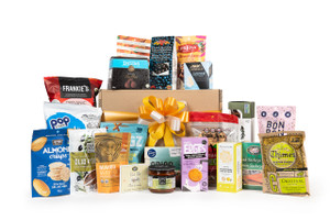 Gourmet gift basket featuring sweet and savory snacks (chocolate, cookies, crackers, nuts, etc.) packaged in signature Green & Green gift box with ribbon and bow.