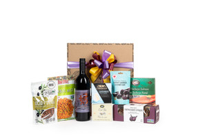 Gourmet gift basket featuring BC Red with Bench 1775 Winery 2019 Cabernet Sauvignon Syrah and local snacks (crackers, cheese, smoked salmon, etc.) packaged in signature Green & Green gift box with ribbon and bow. Gourmet gift basket featuring BC Red with Bench 1775 Winery 2019 Cabernet Sauvignon Syrah and local snacks (crackers, cheese, smoked salmon, etc.) packaged in signature Green & Green gift box with ribbon and bow.