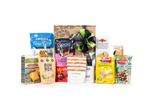 Gourmet gift basket featuring sweet and savory snacks (chocolate, cookies, chips, etc.) packaged in signature Green & Green gift box with ribbon and bow. Gourmet gift basket featuring sweet and savory snacks (chocolate, cookies, chips, etc.) packaged in signature Green & Green gift box with ribbon and bow.