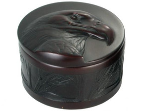 Round recycled glass box carved with bald eagle design. Round recycled glass box carved with bald eagle design.